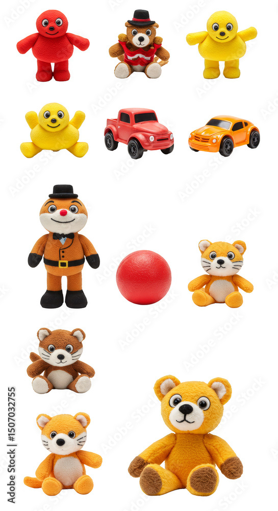 Naklejka premium Isolated Plush Toys Animals Cars in Transparent Background