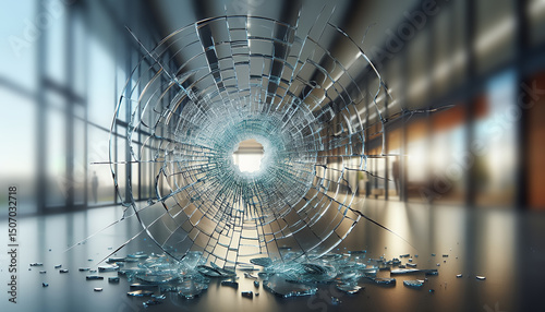 A shattered glass window in a modern building symbolizes disruption and impact.
