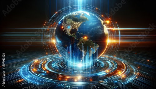 This is a futuristic digital representation of Earth, surrounded by glowing circuits and data streams.

