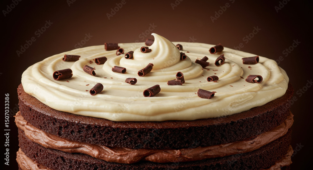 Fototapeta premium Close up of a three layered chocolate cake with white frosting and chocolate curls