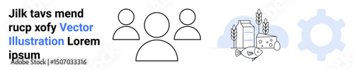 Outline of three people, dairy products, grains, and gear. Represents teamwork, food industry, growth, development efficiency production and innovation. Ideal for business processes agriculture