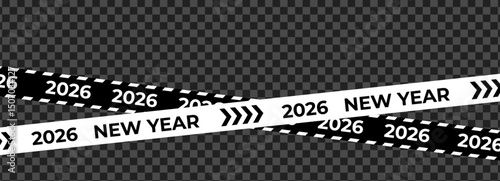 Black and white New Year 2026 tape with arrows, diagonal ribbon for holiday party decoration, modern web and print. Vector illustration.