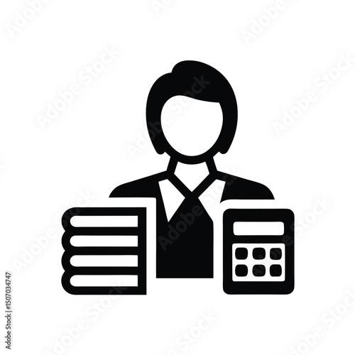 Black Silhouette Icon of a Businesswoman with Calculator and Financial Documents