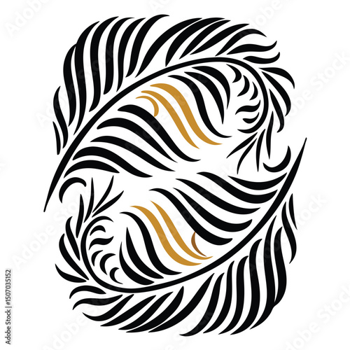 Swirling Feathers Black, Gold Accents, Abstract Design, Ornate Pattern, Isolated White