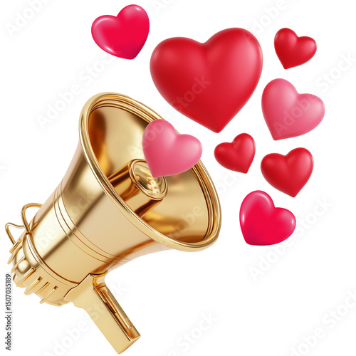 eye-catching golden megaphone vector design isolated over white (transparent) background; summer advertising creative element; cute clipart with hearts