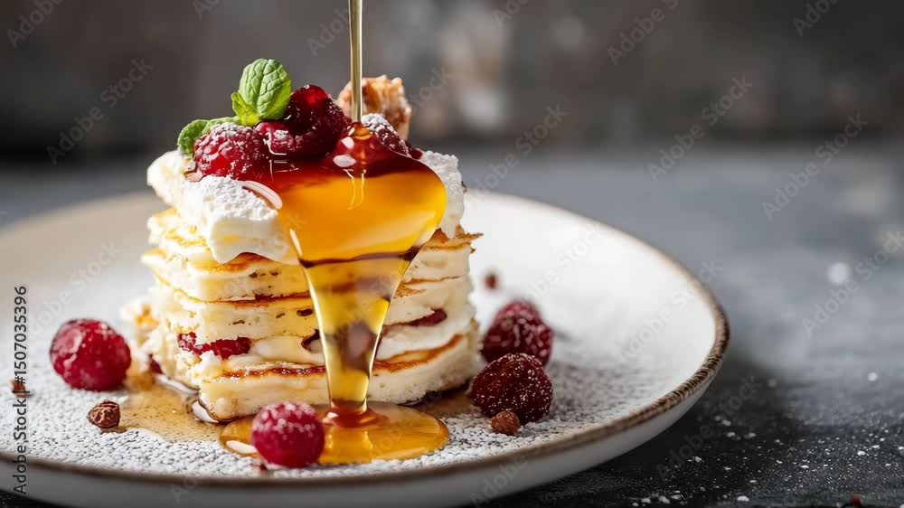 pile of pancakes with honey and berries on a plate