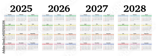 Set of calendars for 2025, 2026, 2027 and 2028 on a white background