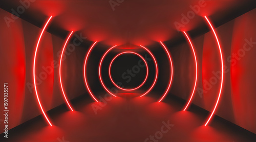 Abstract casino red background with neon light and black stage. 3D LED concentric laser lines glowing podium. Dark tech tunnel design shows dynamic digital spotlight in studio.