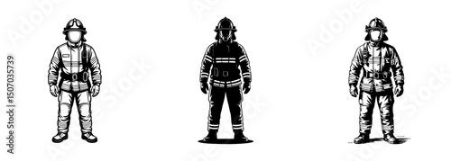 set of firefighter , fireman uniform and helmet vector for emergency service and rescue profession
