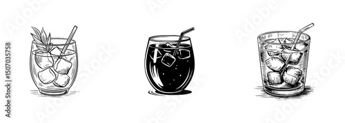 Iced coconut water with ice and coconut pulp in a clear glass vector 
