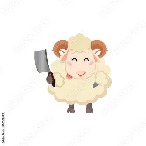 funny sheep cartoon, Cute Cartoon Sheep Holding Butcher Knife – Funny Eid al-Adha Illustration vector illustration Eid Sheep Cartoon knife,