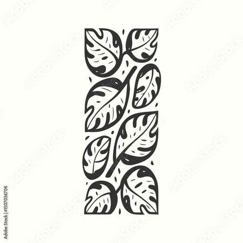 Black and White Doodle Style Leaves, Foliage, Decorative Column, Modern, Hand Drawn