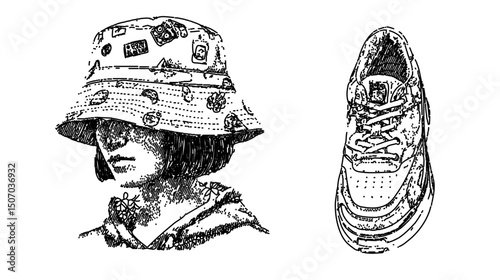 Stylish manga-inspired illustration of streetwear.  Features a bucket hat, platform sneakers, and hoodie. Best for Youth Fashion Day