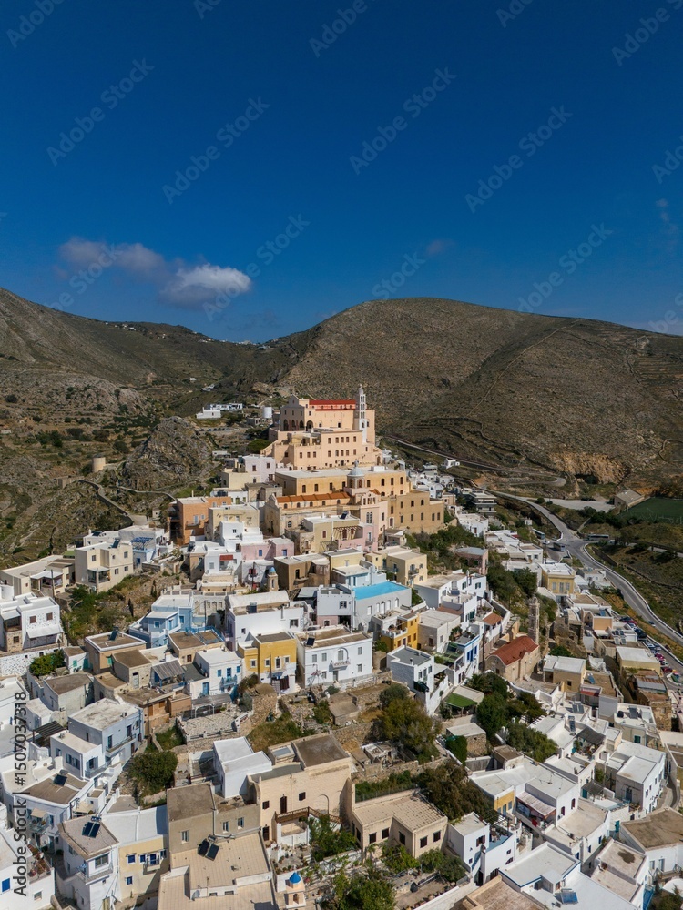 Naklejka premium Drone Shot of Ano Syros, Syros Island, Cyclades, Greece.