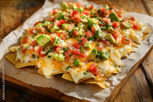 nachos loaded with melted cheese, diced avocado, and vibrant pico de gallo, served on a rustic wooden board with parchment paper.