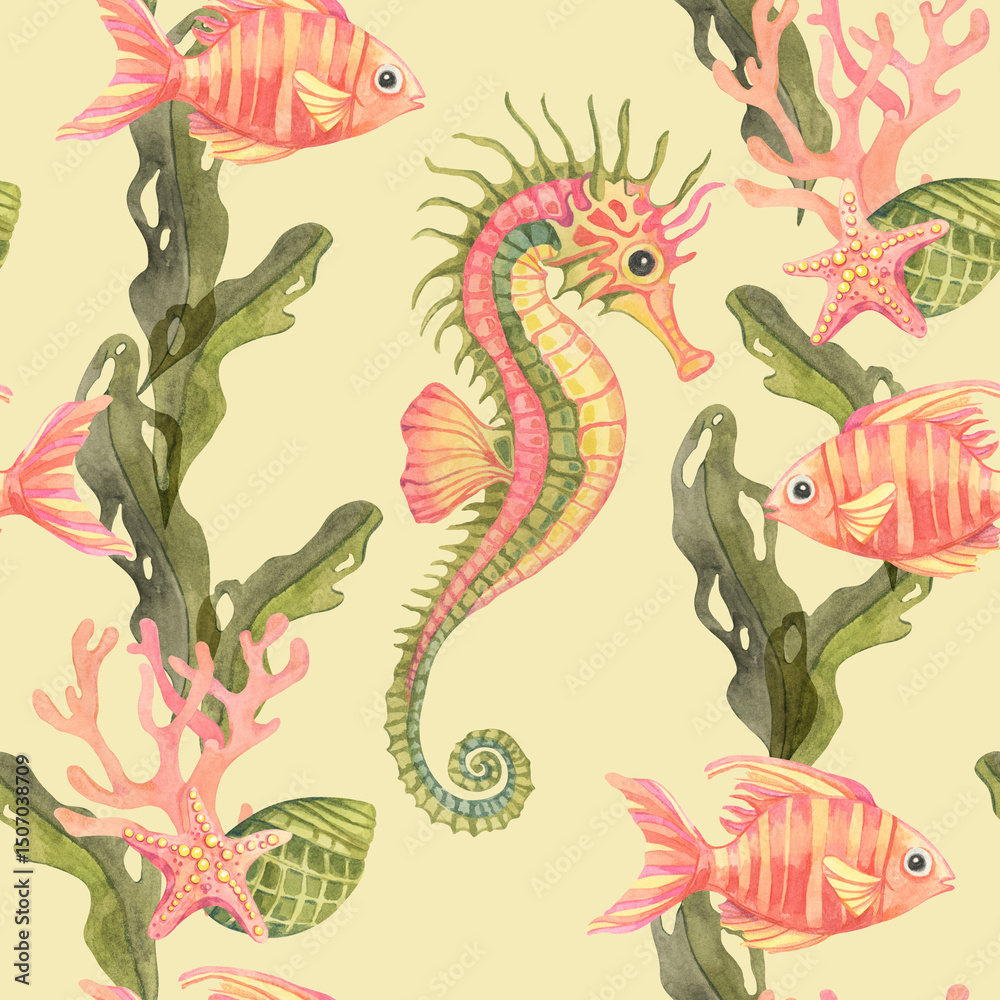 Fototapeta premium Watercolor illustration seamless pattern of pale yellow base with olive seaweed, coral fish, and yellow-lime seahorses. Ideal for eco-packaging, childrens textiles, and gift items