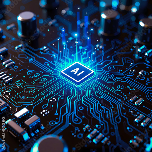 Neon 'AI' Circuitry on Advanced Microprocessor, Dynamic Laser Beam Spread, Futuristic Copyspace Background for AI Concepts
