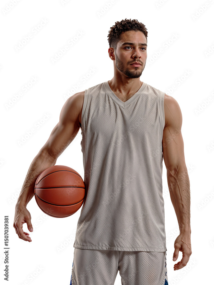 Athletic man holding a basketball in a sleeveless shirt looking away on transparent background Athletic man holding a basketball in a sleeveless shirt looking away on transparent background