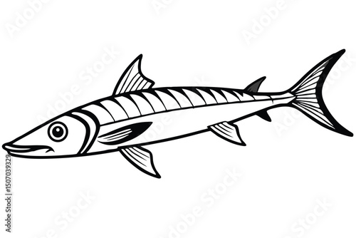 Handdrawn Barracuda Illustration Striking Black Outline, Sharp Teeth, Streamlined Body, Defined Fins
