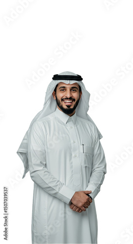 Isolated Portrait Of Saudi Man In Traditional White Clothing Smiling