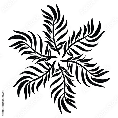 Stylized Floral Snowflake. Abstract Black Leaves Forming Circle Design. Symmetrical