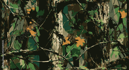 Realistic camouflage print. Seamless pattern. tree, branches and leaves. Useable for hunting and military purposes. Camouflage pattern.