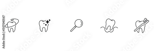 Dental outline icon set. Containing tooth, dentist, toothpaste, toothbrush, teeth, implant and dentistry icons. Tooth, protect, healthy, shiny smile etc. Vector illustration. 