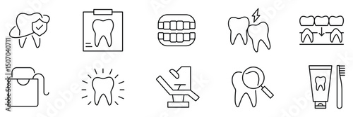 Dental 10 outline icon set. Containing tooth, dentist, toothpaste, toothbrush, teeth, implant and dentistry icons. Tooth, protect, healthy, shiny smile etc. Vector illustration. 