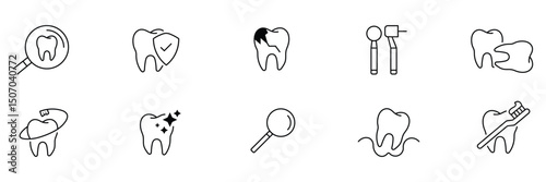Dental 10 outline icon set. Containing tooth, dentist, toothpaste, toothbrush, teeth, implant and dentistry icons. Tooth, protect, healthy, shiny smile etc. Vector illustration. 