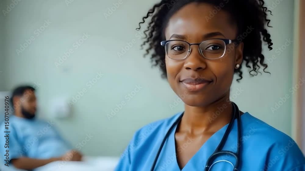 African American black woman wearing a blue medical uniform , smiling in a hospital room with a patient in the background
