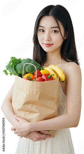 Isolated Portrait Of Young Woman With Healthy Food Groceries In Bag