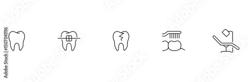 Dental outline icon set. Containing tooth, dentist, toothpaste, toothbrush, teeth, implant and dentistry icons. Tooth, protect, healthy, shiny smile etc. Vector illustration. 