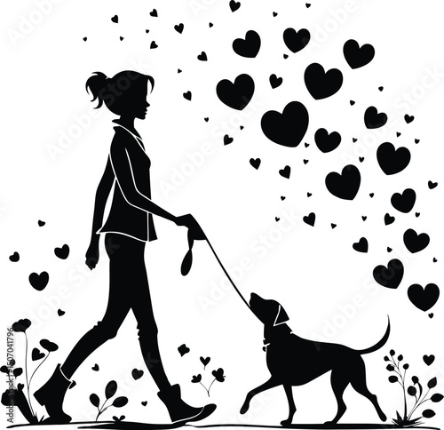Romantic Stroll – Woman Walking Dog with Floating Hearts in Dreamy Art