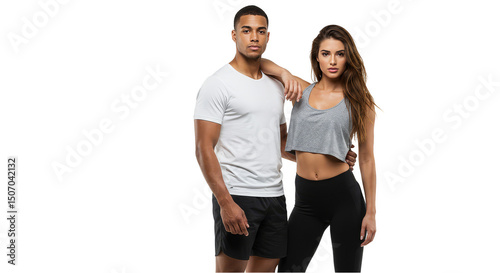 Fitness Couple Isolated with Woman in Grey Sport Top and Man in White T-Shirt
