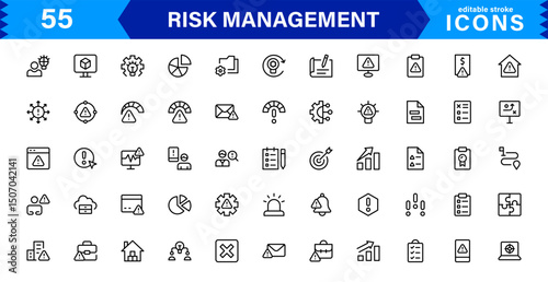Professional Risk Management Icons Covering Danger, Planning, Assessment, Caution, and Prevention Concepts with a Minimal Clean Design