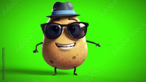 Animated Potato Character, Green Screen, Sunglasses, Hat, Cool, Funny, Cartoon, 3D, Model, Design