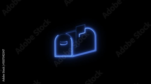 Neon glowing blue mail letter box icon animation in black background 4k animation