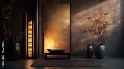 A very quiet room with lights shining on the walls.