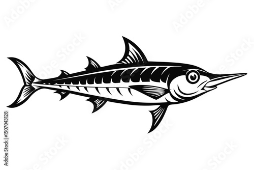 Black and White Graphic Illustration of a Swordfish with Detailed Fins and Tail