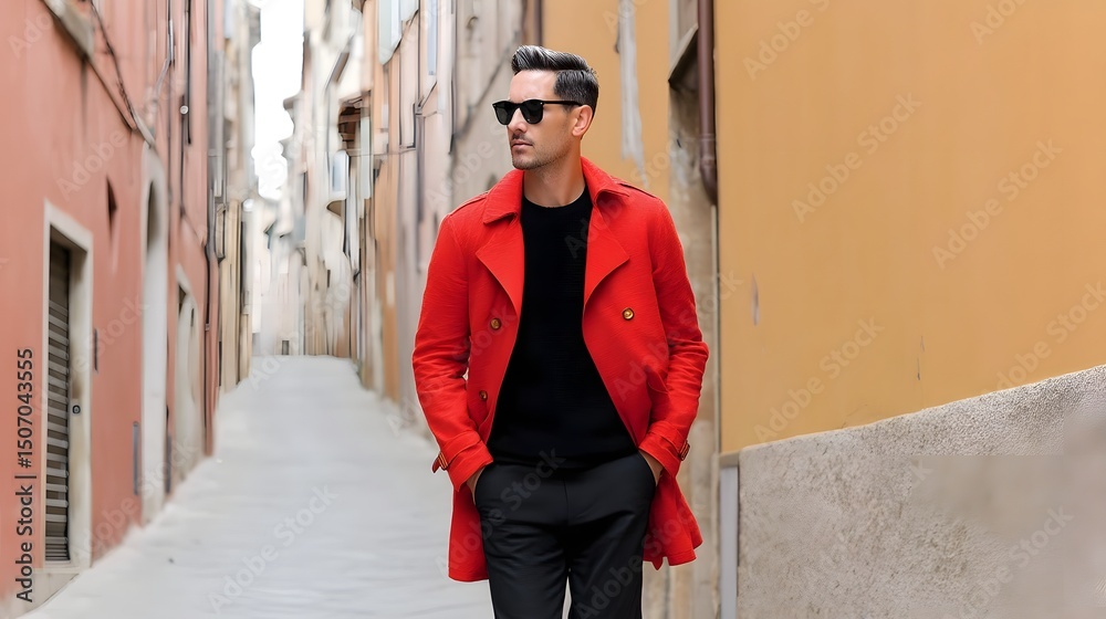 Obraz premium Stylish man in a red coat walks through an Italian alleyway.