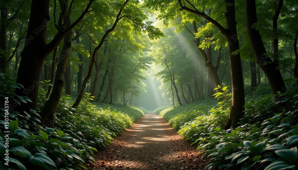 Fototapeta premium A path through a forest with sunlight shining through the trees