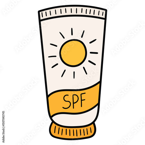 Hand drawn cartoon spf sunscreen cream bottle on white background.