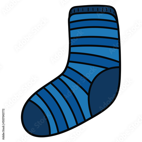 Hand drawn cartoon warm striped blue sock on white background.