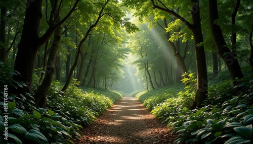 A path through a forest with sunlight shining through the trees