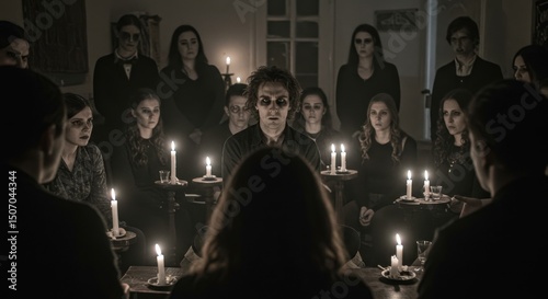 Group of people participating in a candlelit seance in dark room  