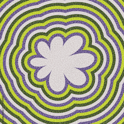 White abstract flower surrounded by green, purple, and black ripple lines. Vector illustration in retro style.