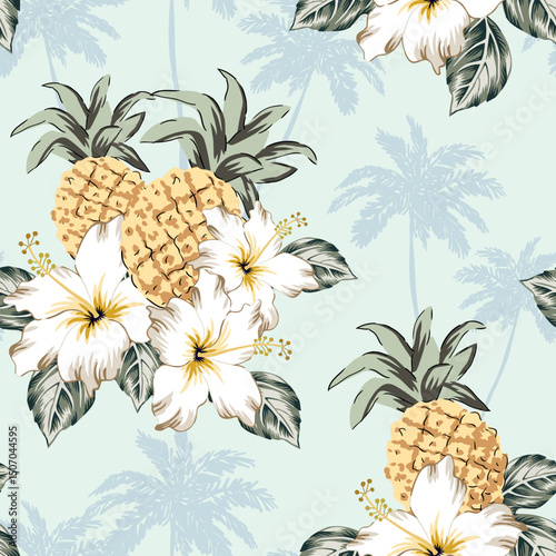Tropical pineapple fruits, yellow hibiscus flowers, leaves, palm trees silhouettes, light green background. Seamless pattern. Vector illustration. Exotic plants. Summer beach design. Paradise nature