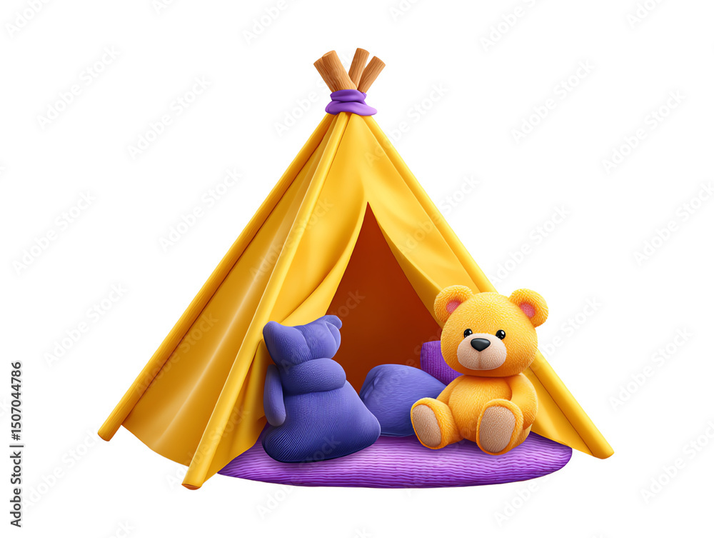 Obraz premium Adorable Teddy Bears Inside a Playful Yellow Teepee Tent for Kids