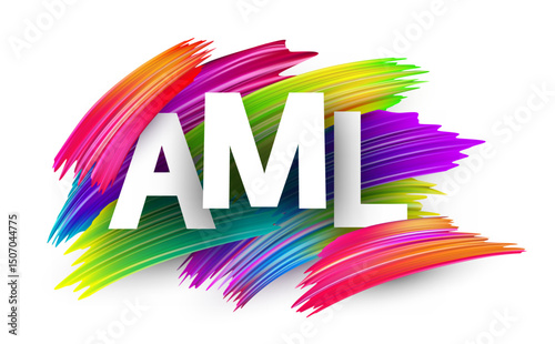 Bold AML acronym over dynamic multicolor brush strokes, symbolizing regulation in digital finance. Vector illustration.