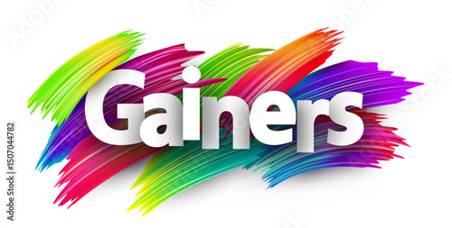 Gainers text over colorful dynamic strokes. Vector illustration for top-performing crypto tokens and market leaders.